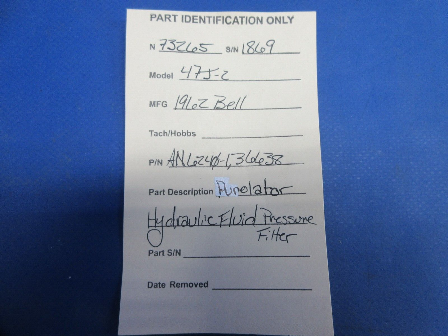 Bell 47J-2 Purolator Hydraulic Fluid Pressure Filter P/N AN6240-1 (1124-868)
