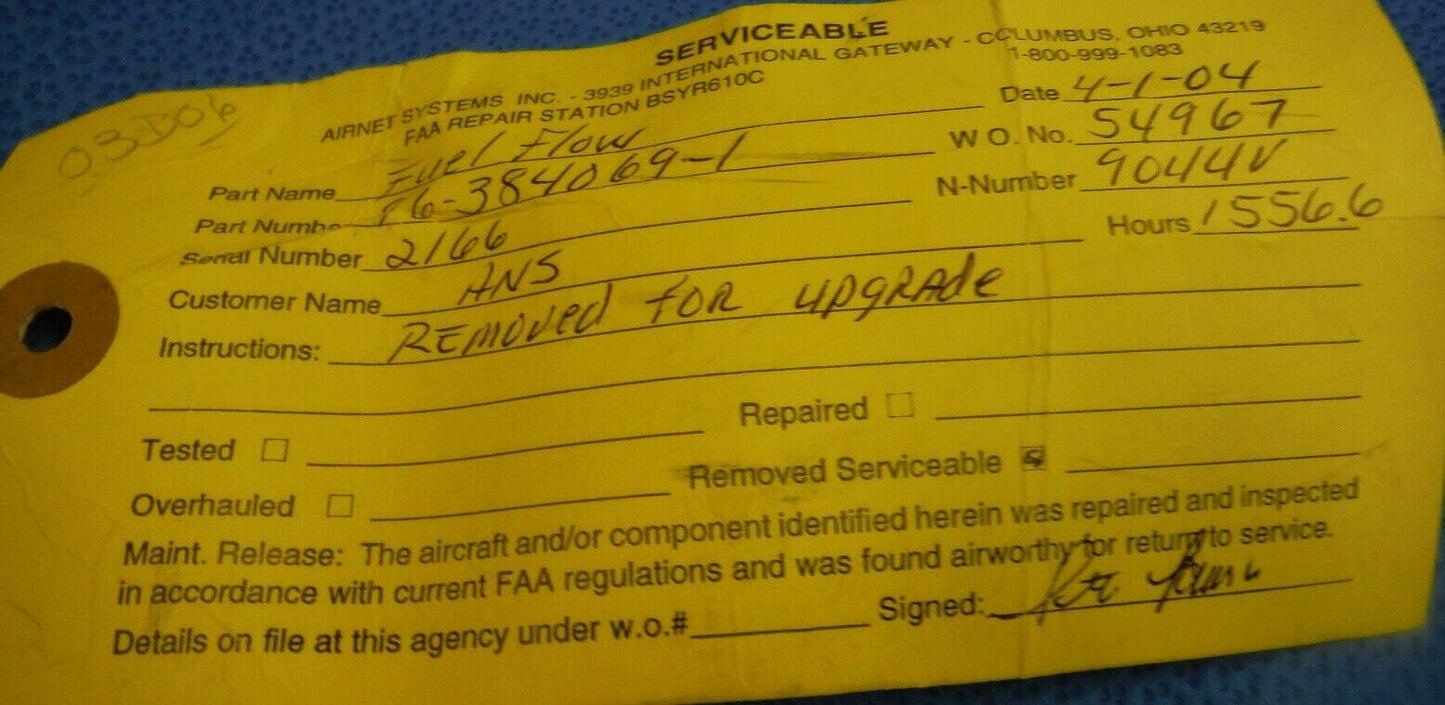 Beech Fuel Flow Indicator P/N 96-384069-1 Alt P/N 19B433 (1015-231)