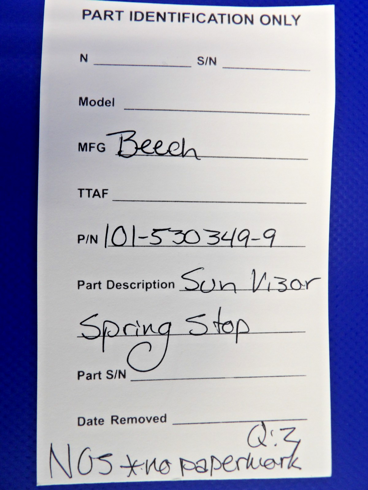 Beech Sun Visor Spring Stop P/N 101-530349-9 NOS (0426-1290)12