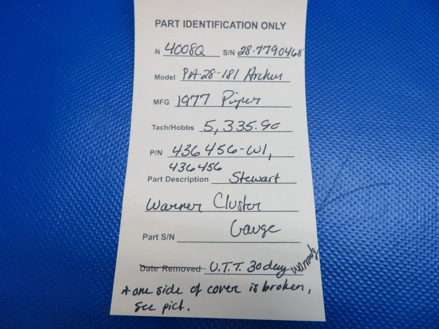 Piper PA-28-181 Stewart Warner Cluster Gauge P/N 436456 WARRANTY (0424-1792)