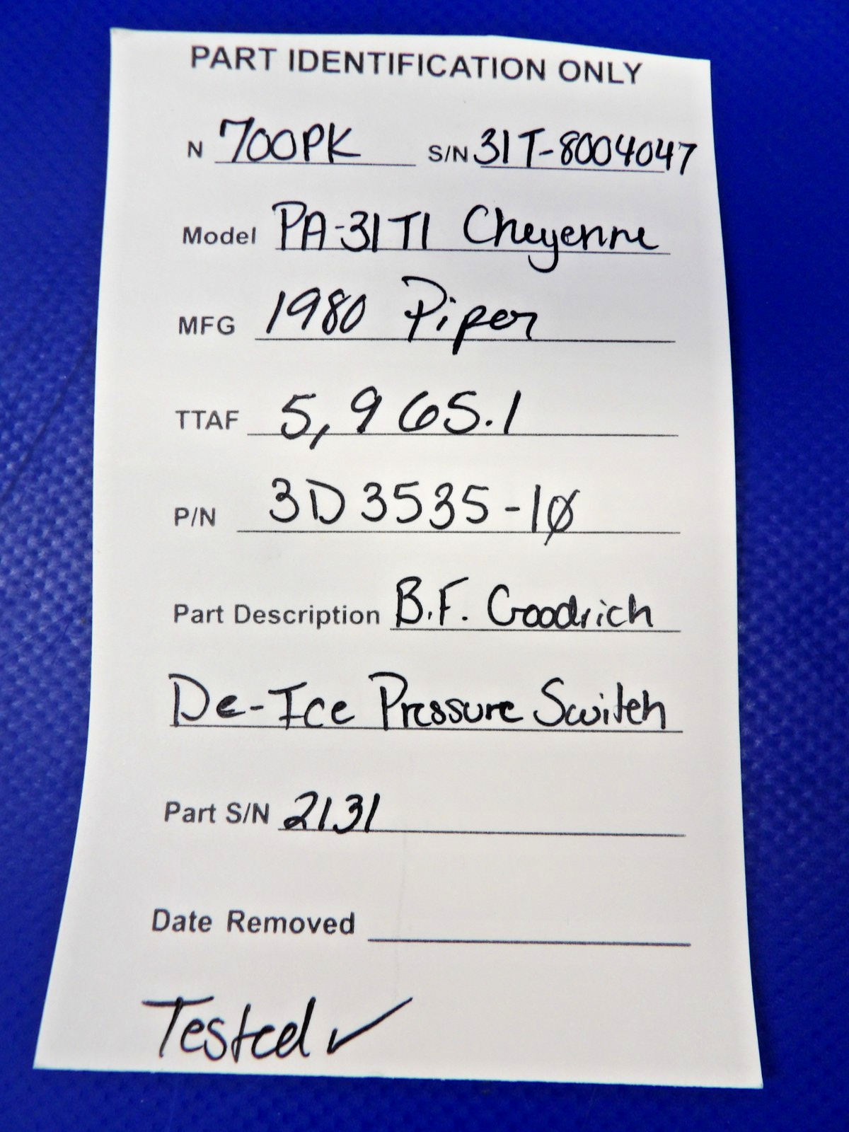 Piper Cheyenne B.F. Goodrich De-Ice Pressure Switch P/N 3D3535-10 (0526-1337)10