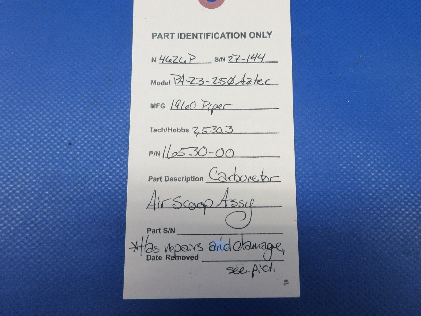 Piper PA-23-250 Aztec Carburetor Air Scoop Assy P/N 16530-00 (0624-2021)