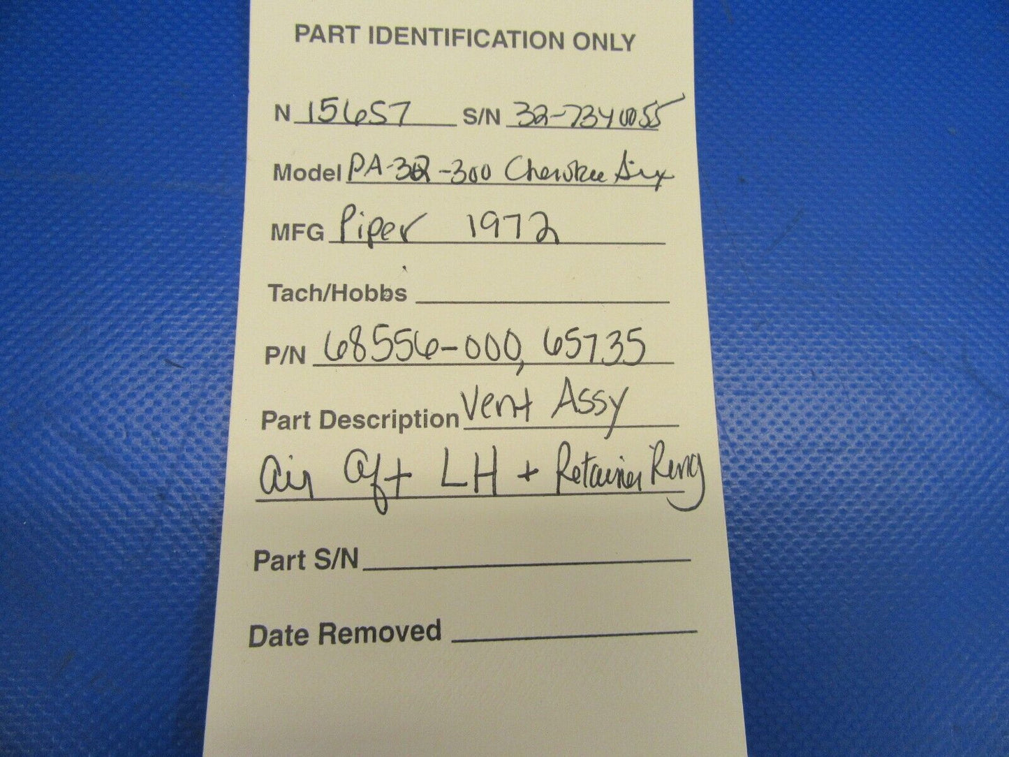 Piper Cherokee 6 Vent Air Assy AFT LH & Retainer Ring Tan P/N 68556-000 (0819-65