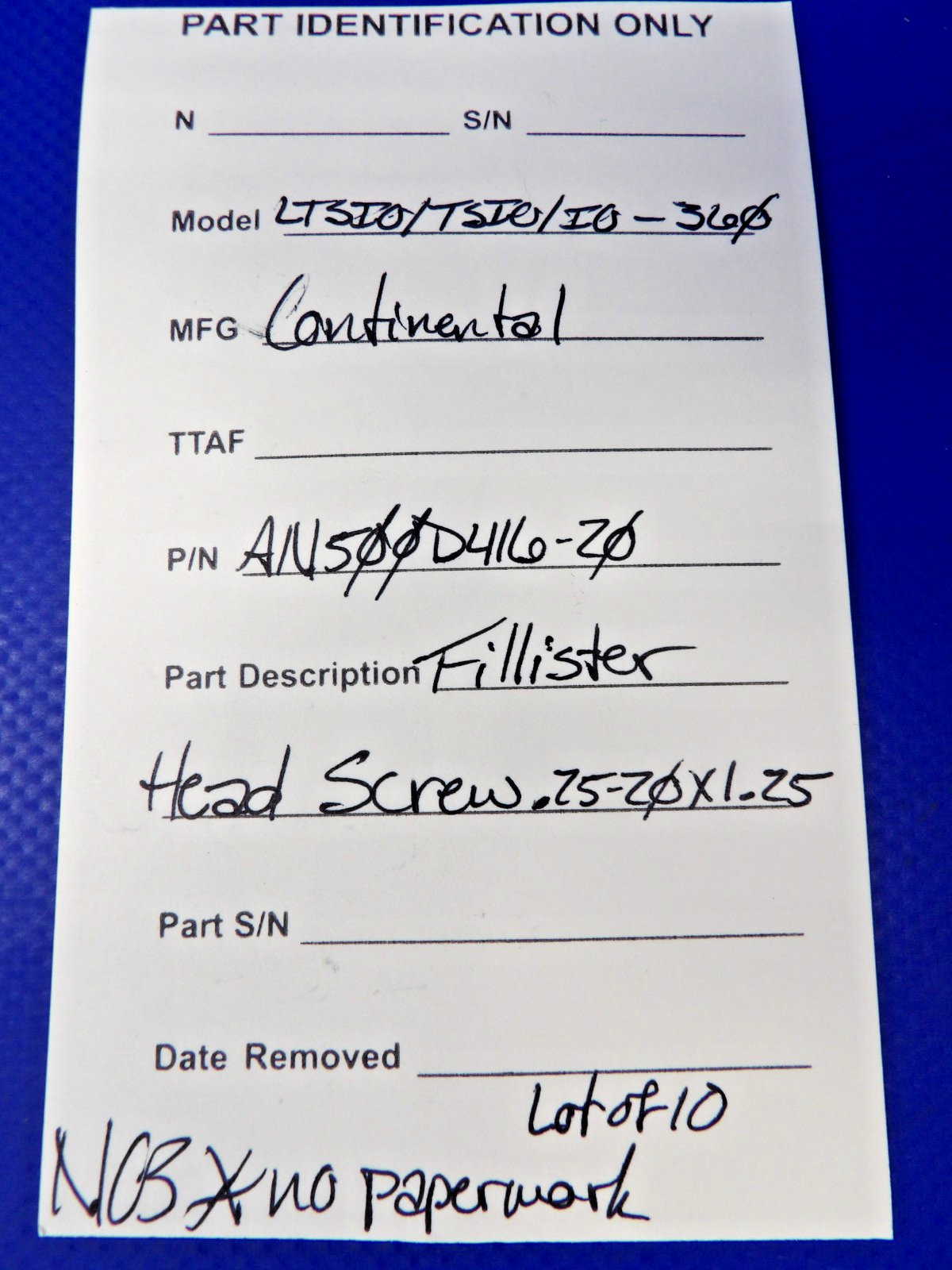 Continental Fillister Head Screw P/N AN500D416-20 LOT OF 10 NOS (0426-1319)11