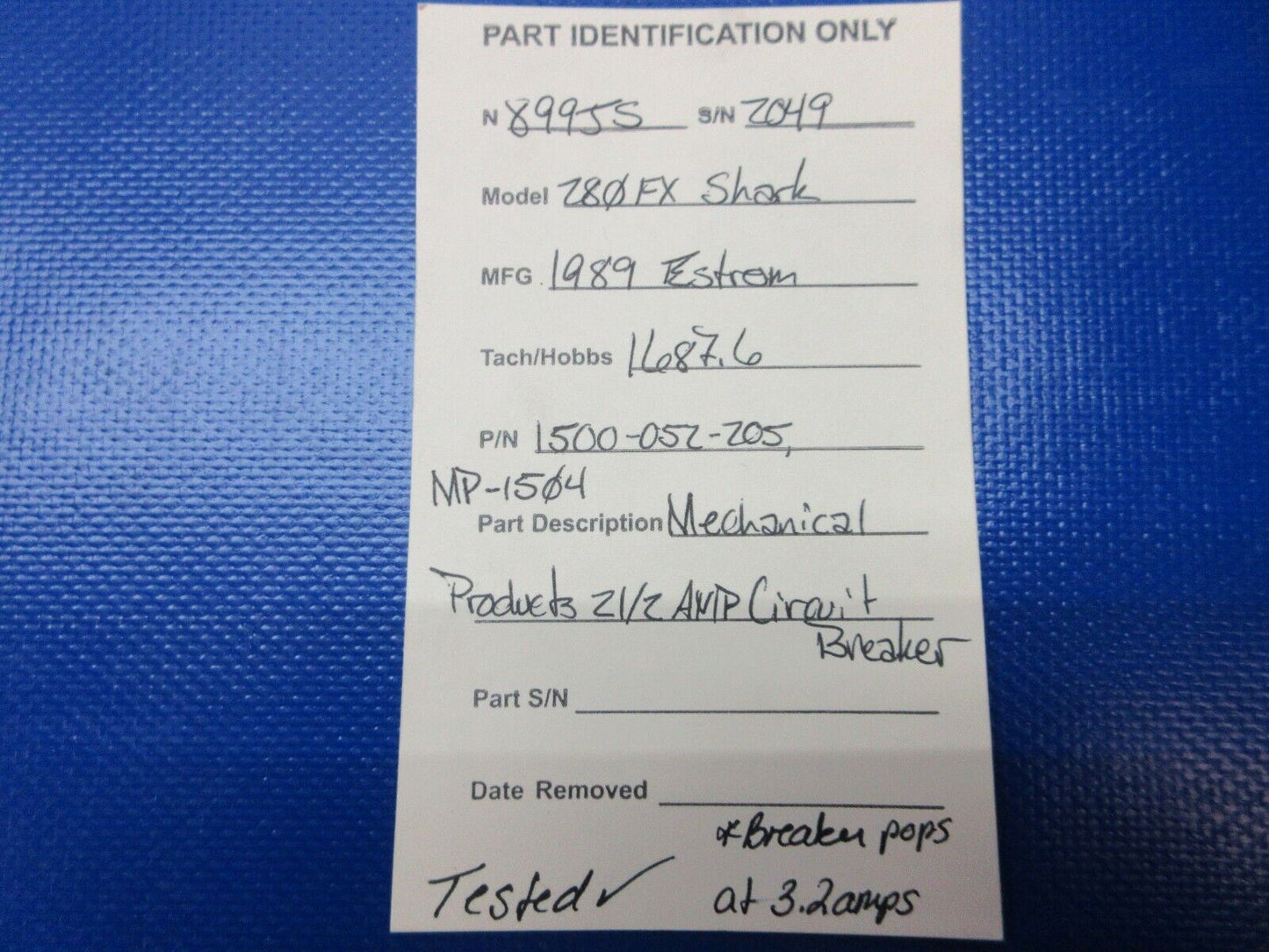 Mechanical Products 21/2 Amp Circuit Breaker P/N 1500-052-205 TESTED (1224-1297)