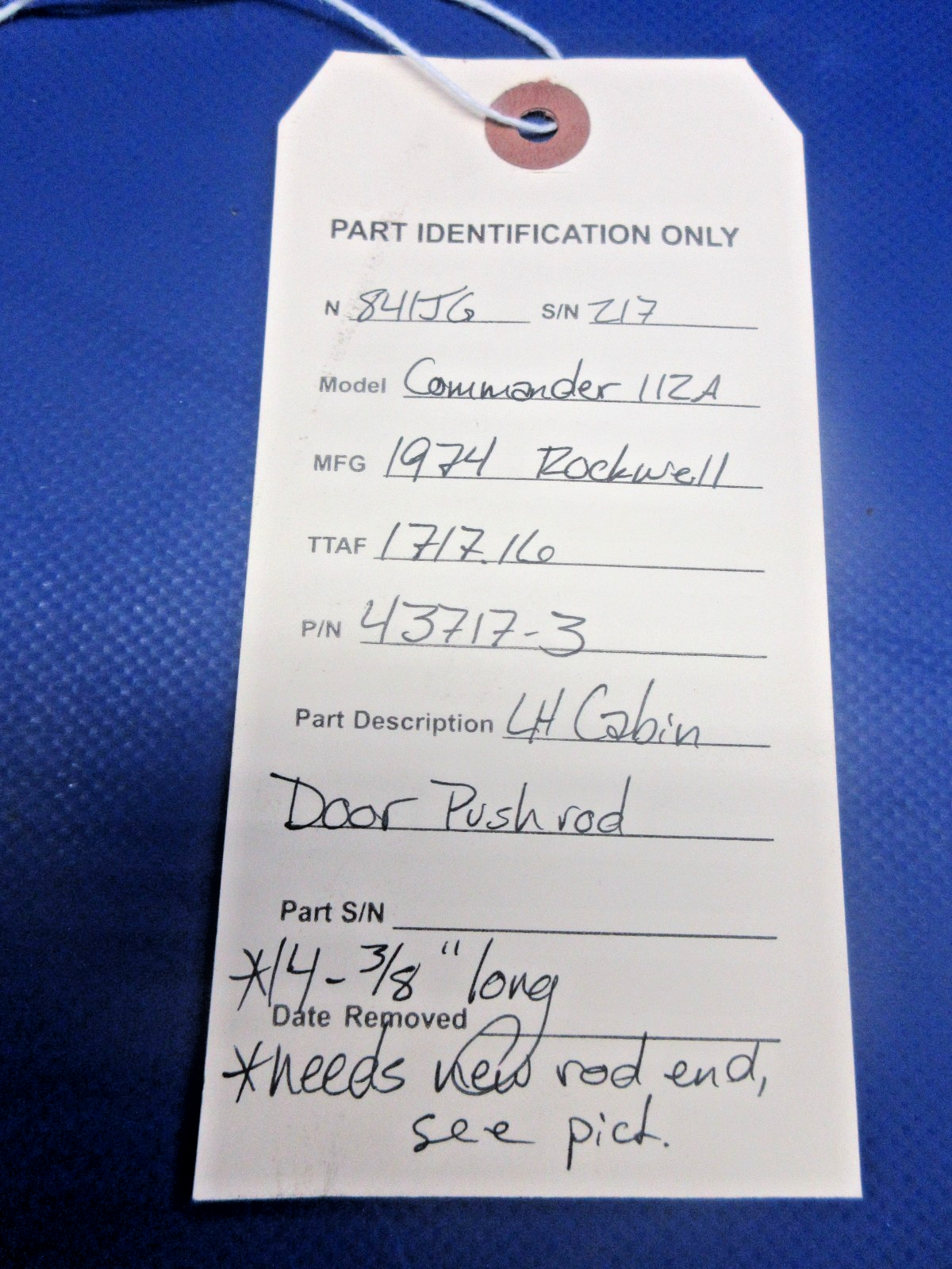 Rockwell Commander 112 LH Cabin Door Push Rod P/N 43717-3 (0826-422)11