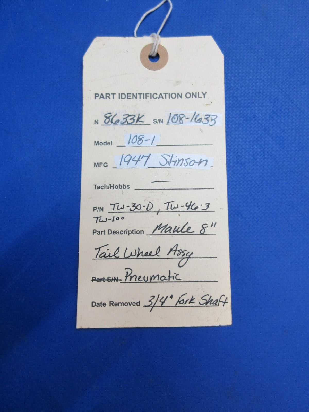 Stinson 108-1 Maule 8" Tail Wheel Pneumatic 3/4" Fork Shaft TW-100 (1023-798)