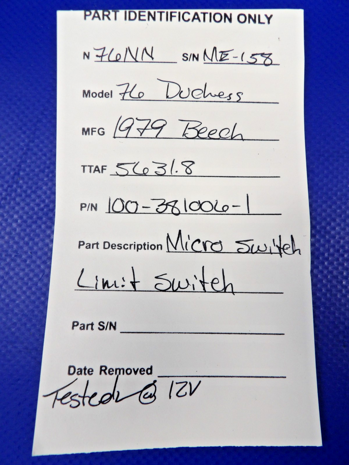 Beech 76 Duchess Micro Switch Limit Switch P/N 100-381006-1 TESTED (0626-1242)9