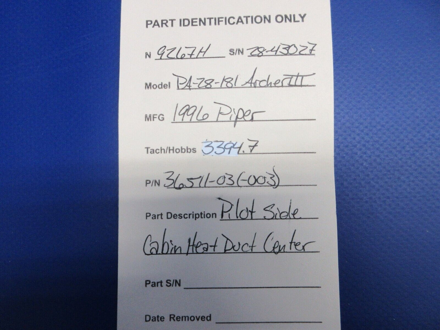 1996 Piper PA-28-181 Pilot Side Cabin Heat Duct Center P/N 36511-03 (1224-2030)