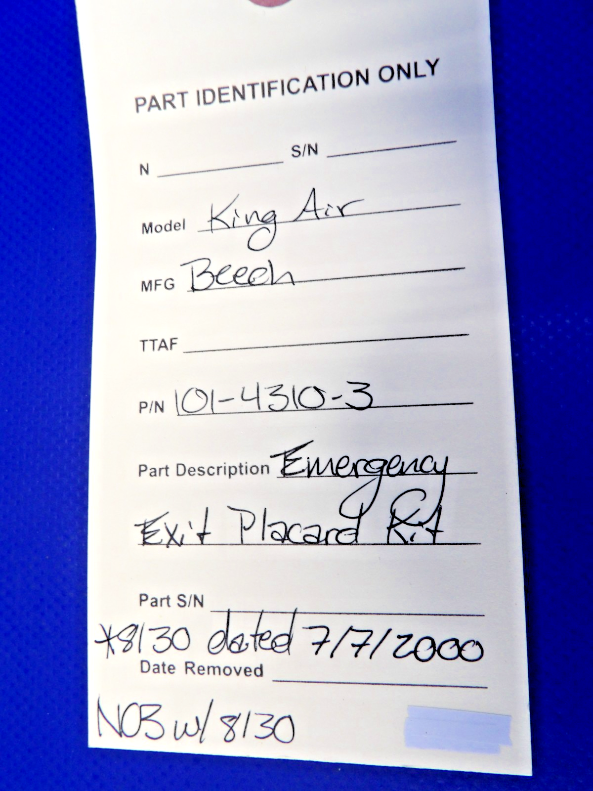 Beech King Air Emergency Exit Placard Kit w/ 8130 P/N 010-4310-3 NOS (0426-1301)12