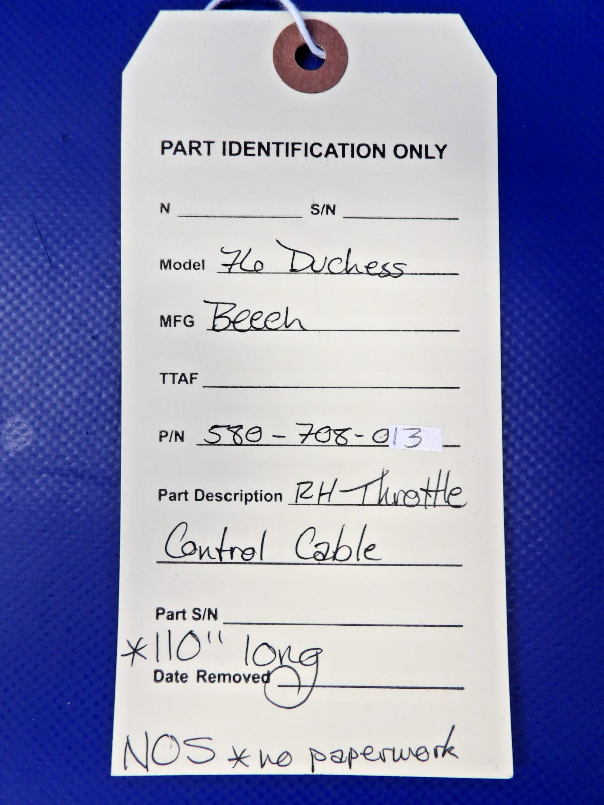 Beech 76 Duchess RH Throttle Control Cable P/N 580-708-013 NOS (0826-1357)9