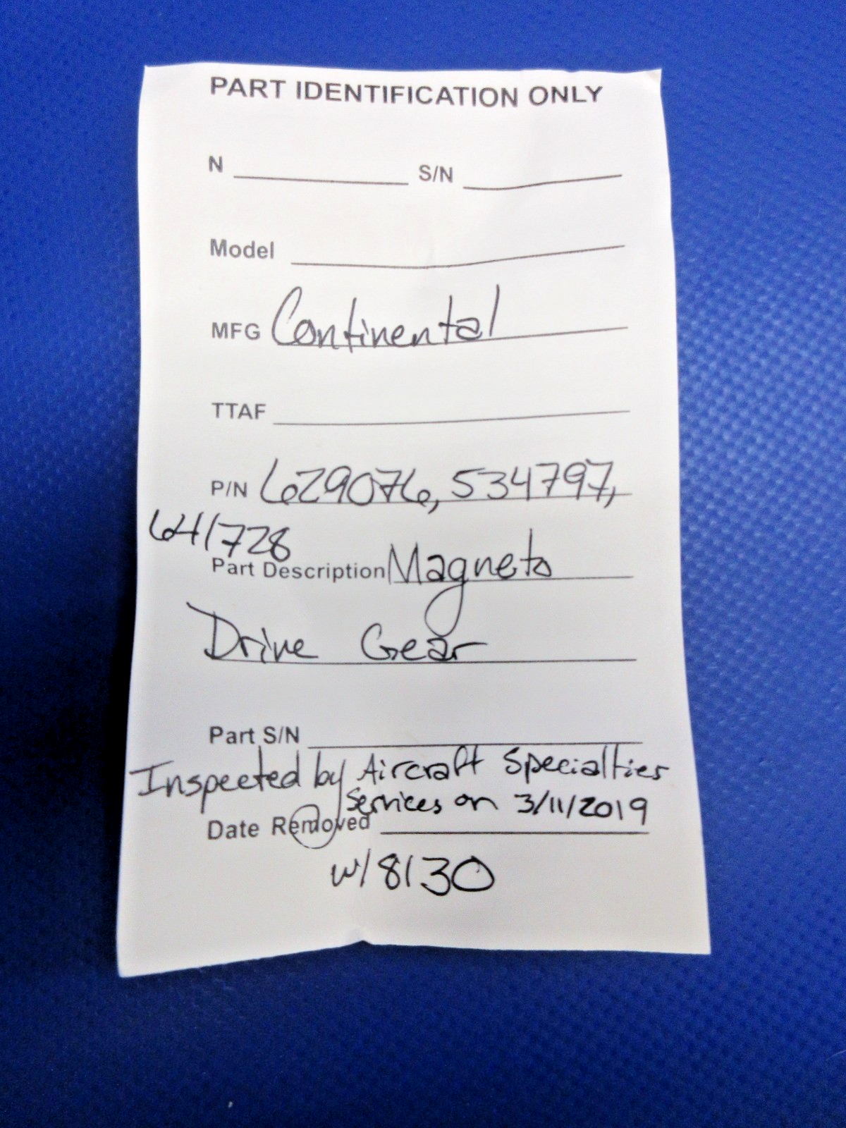 Continental Magneto Drive Gear w/8130 P/N 629076 INSPECTED (0226-1012)8