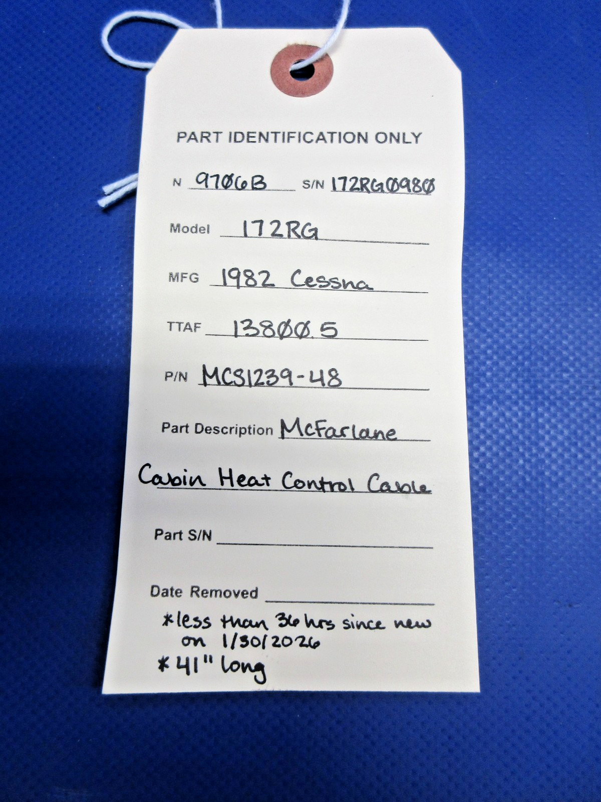 Cessna 172 / 172RG McFarlane Cabin Heat Control Cable P/N MCS1239-48 (0826-745)12
