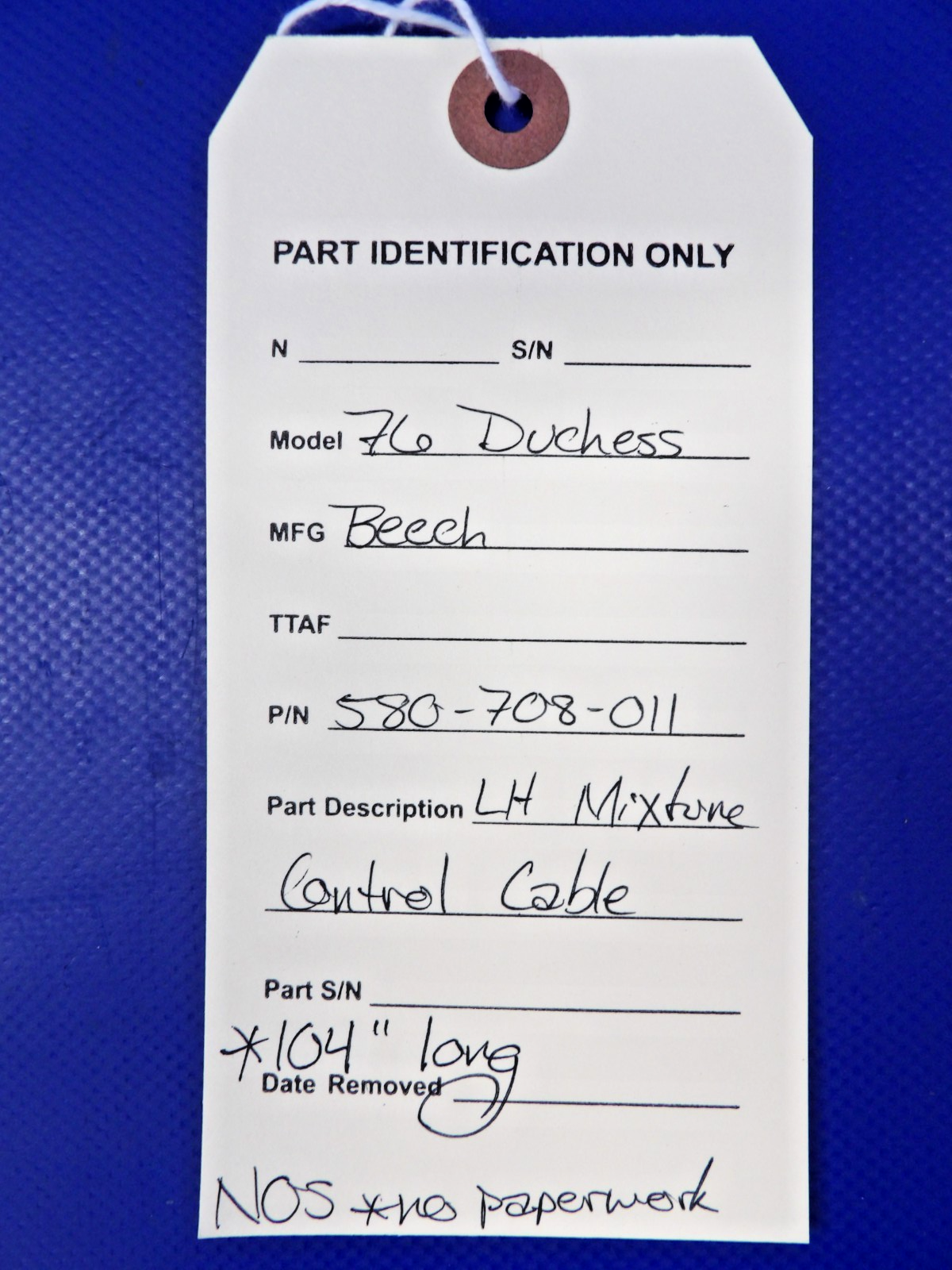 Beech 76 Duchess LH Mixture Control Cable P/N 580-708-011 NOS (0826-1356)9