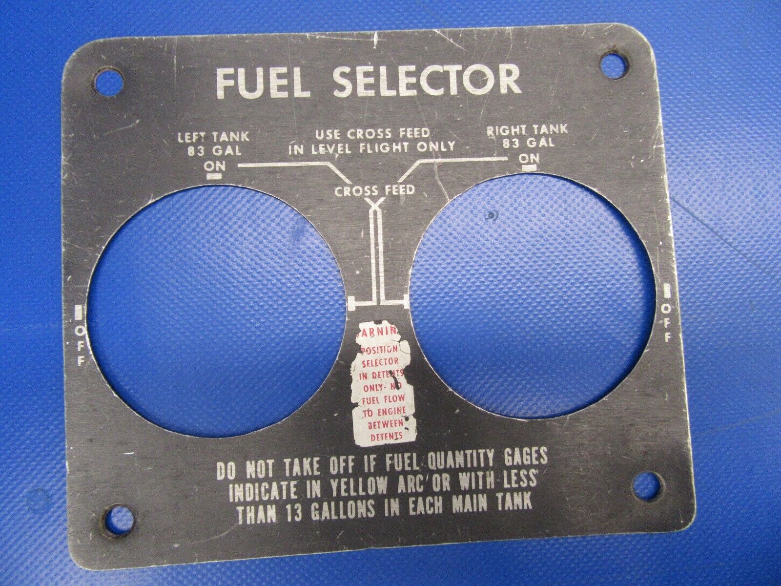 Beech Baron Fuel Selector Plate P/N 58-920056-3 (1017-45)
