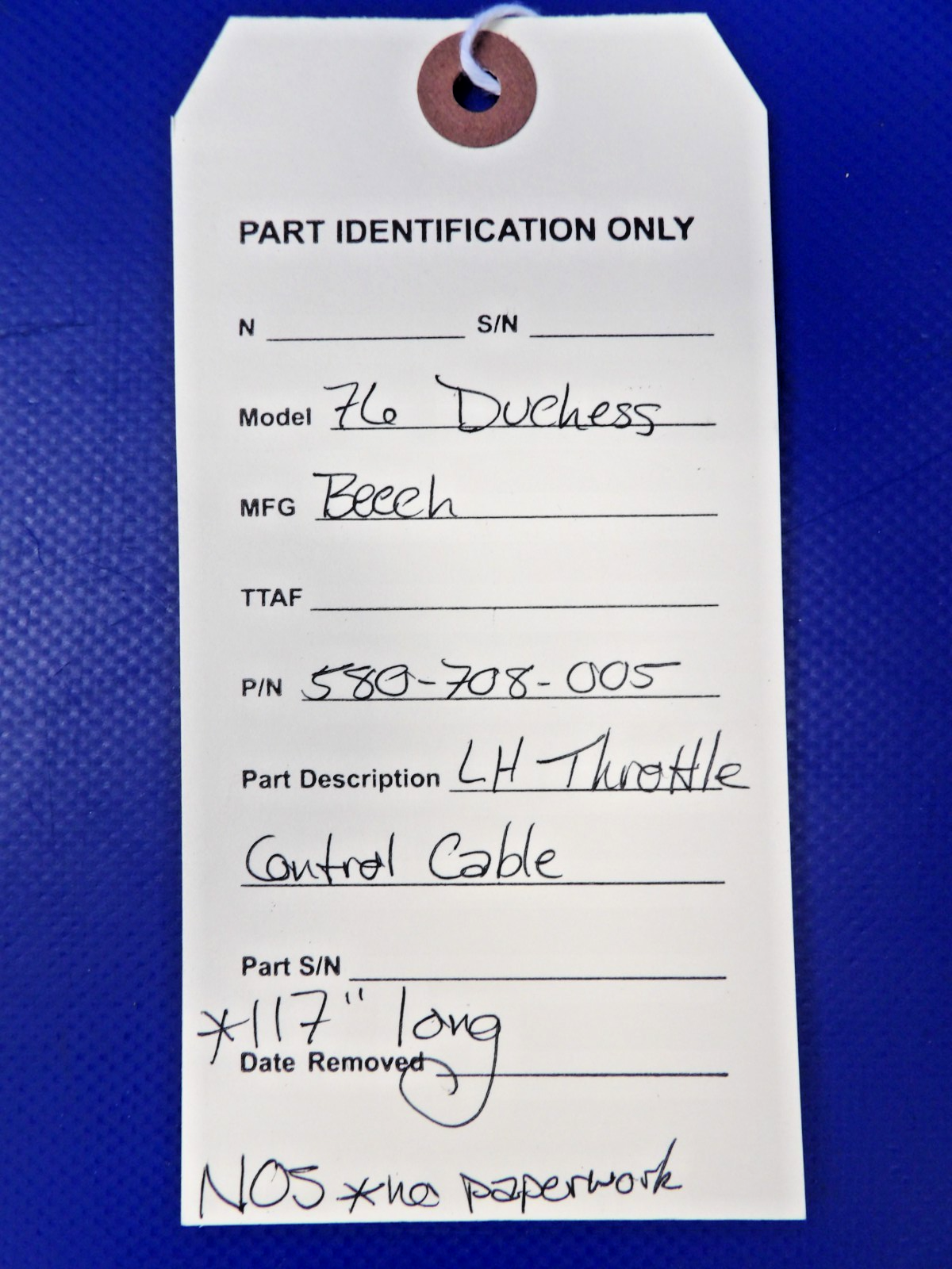 Beech 76 Duchess LH Throttle Control Cable P/N 580-708-005 NOS (0826-1358)9