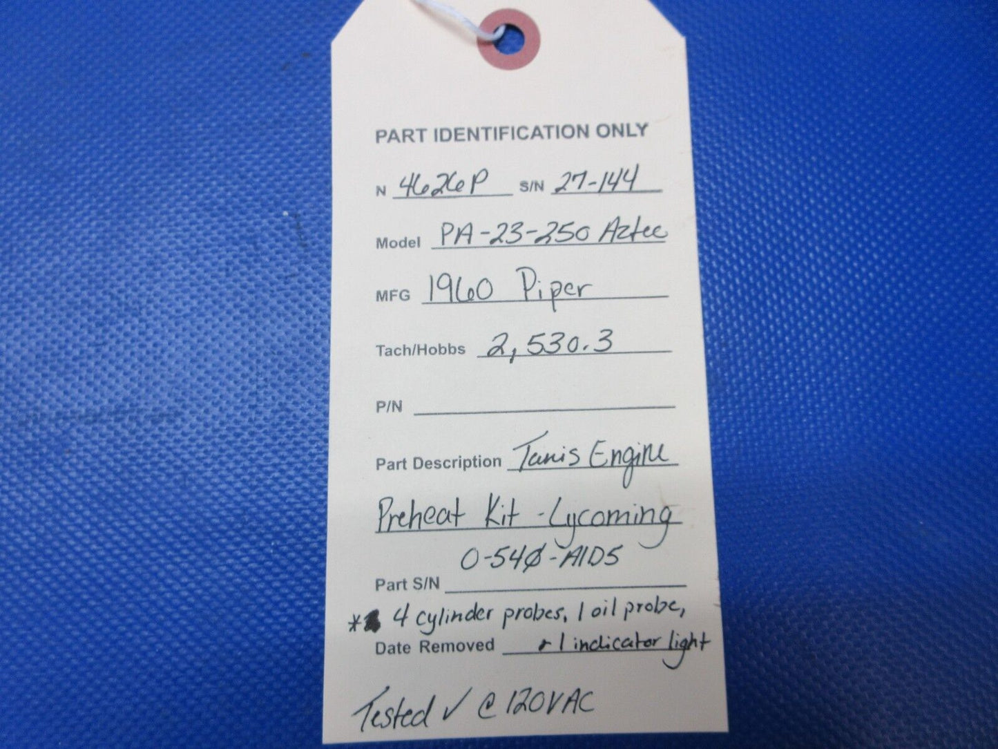 Piper PA-23-250 Tanis Engine Preheat Kit Lycoming O-540-A1D5 TESTED (1024-1418)