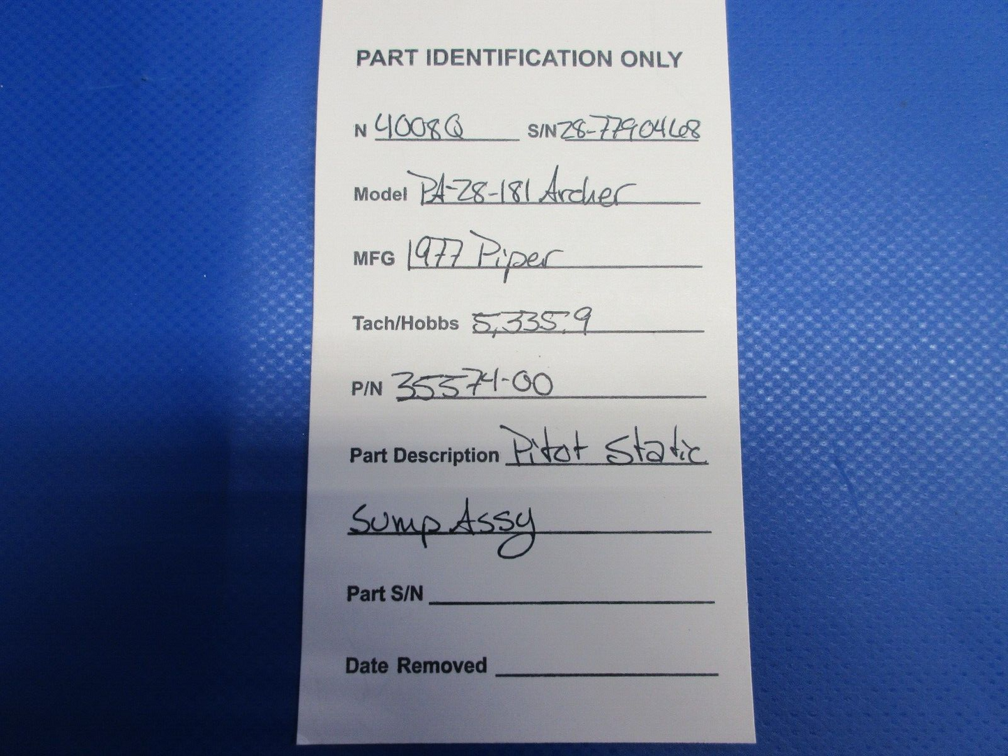 Piper PA-28-181 Archer Pitot Static Sump Assy P/N 35574-00 (0624-904)