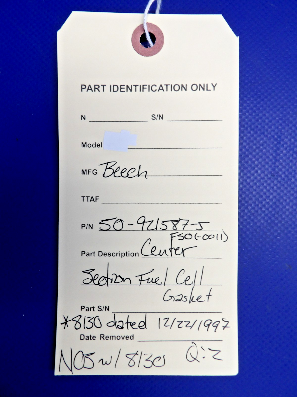 Beech Center Section Fuel Cell Gasket w/ 8130 P/N 50-921587-5 NOS (0326-1245)10