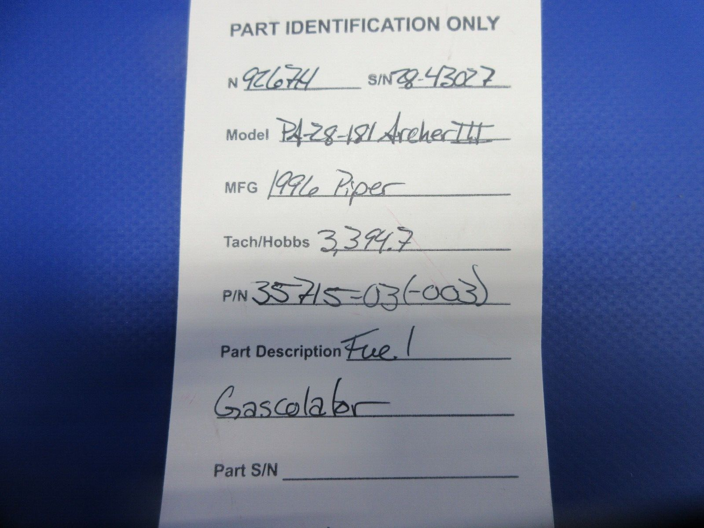 1996 Piper PA-28-181 Archer III Fuel Gascolator P/N 35715-03 (1224-777)