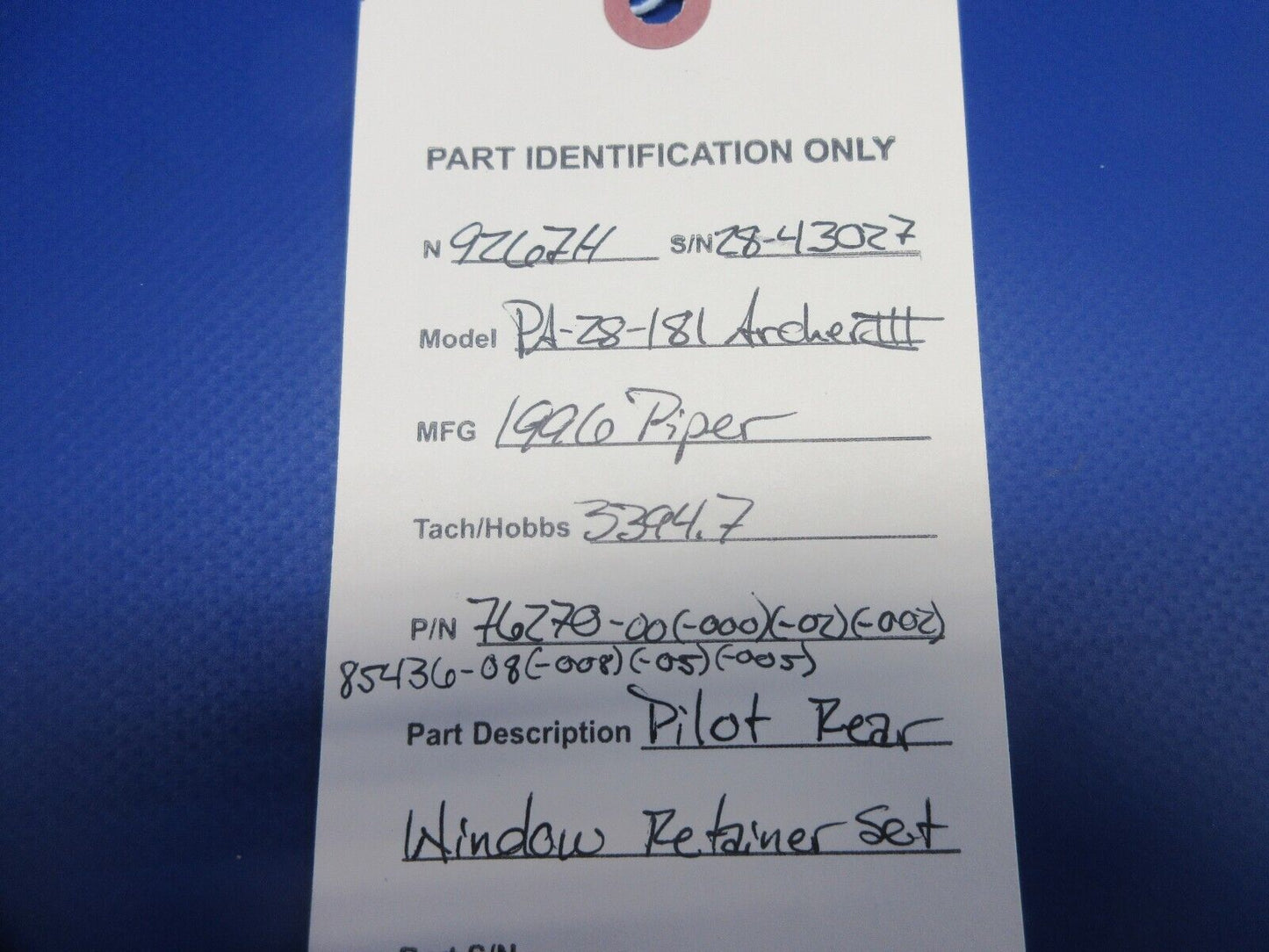 Piper PA-28-181 Archer Pilot Rear Window Retainer Set P/N 76270-00 (1224-805)