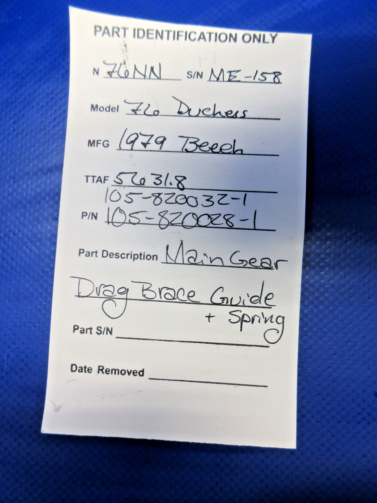 Beech 76 Duchess Main Gear Drag Brace Guide & Spring P/N 105-820028-1 (0526-875)10