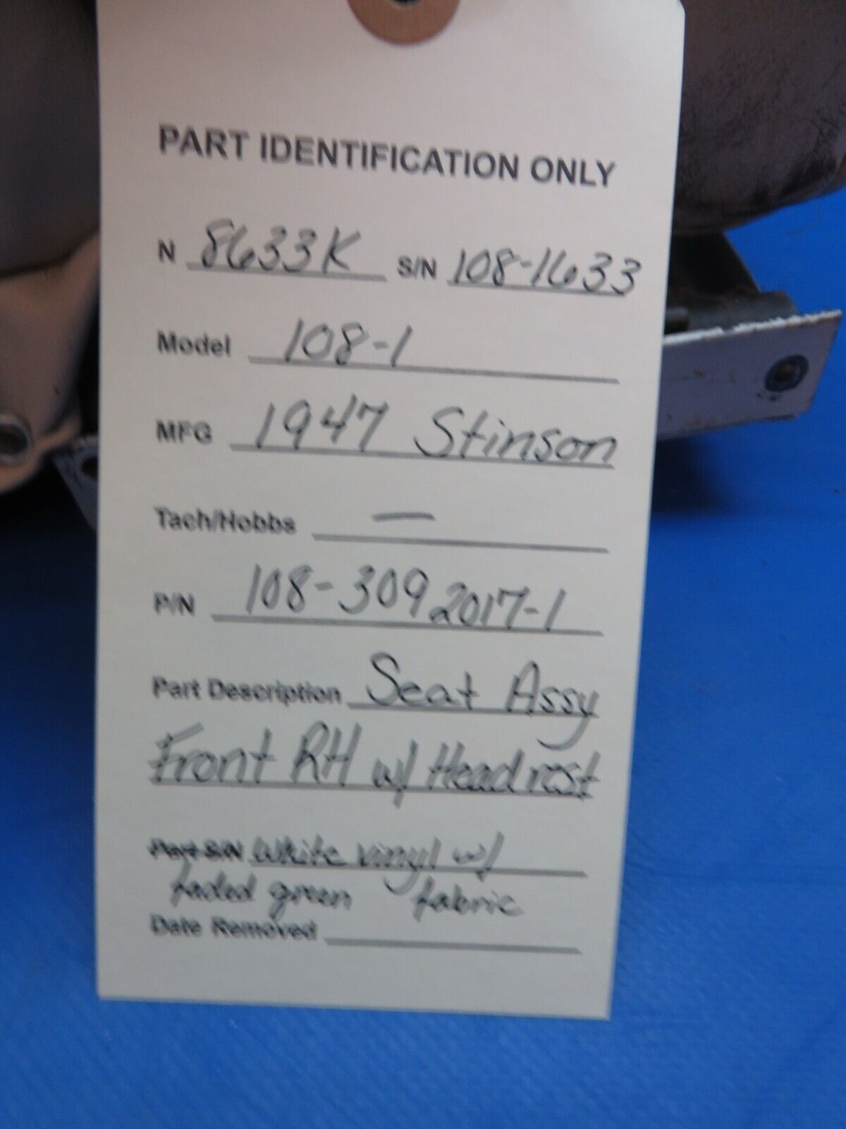 Stinson 108-1 RH Front Seat Assy w/ Headrest P/N 108-3092017-1 (0723-343)