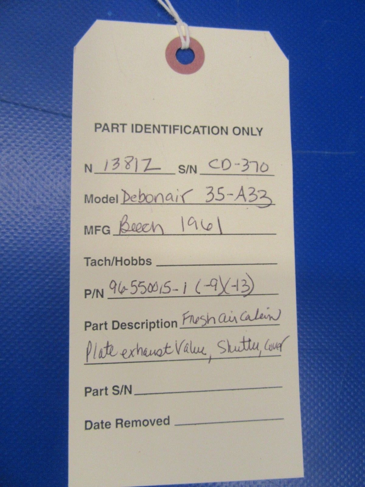 Beech Debonair 35-A33 Fresh Air Exhaust Valve Vent 96-550015-1 (0119-54)