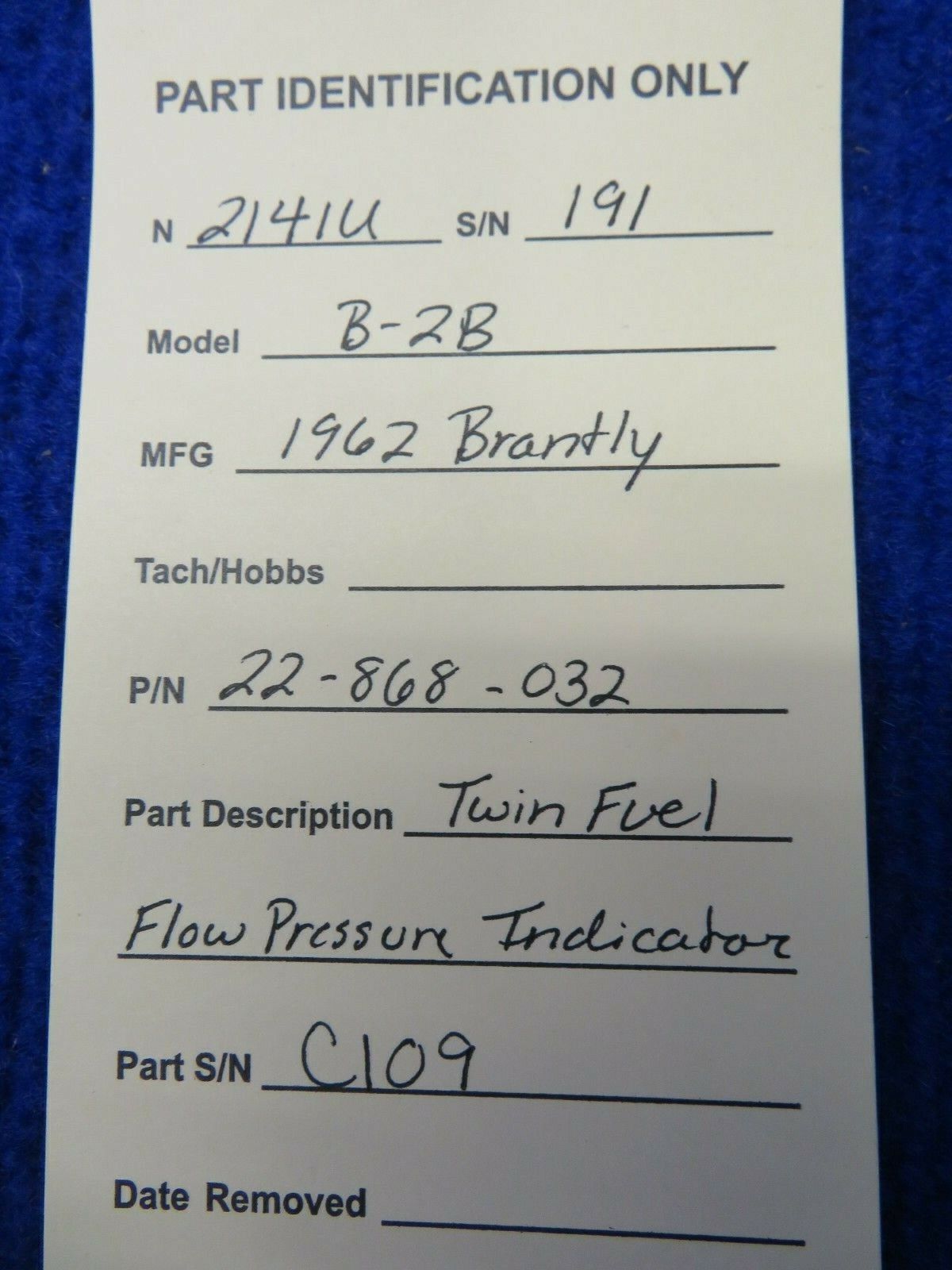 Brantly B-2B Twin Fuel Flow Pressure Indicator P/N 22-868-032 (0222-280)
