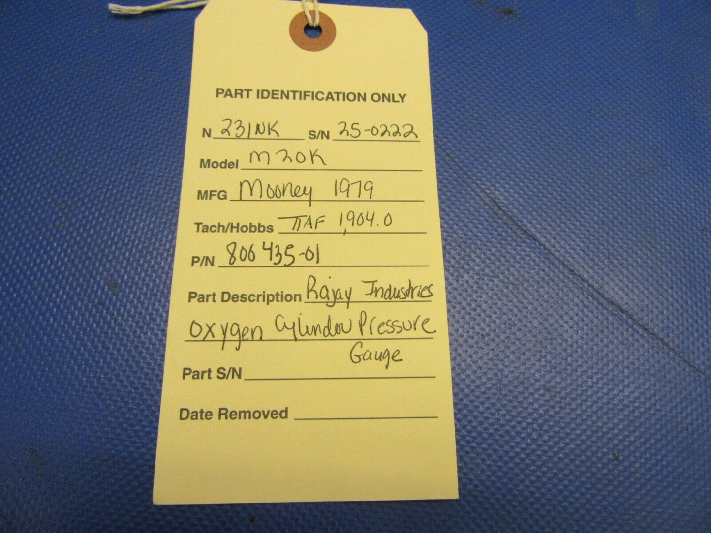 Mooney M20K Rajay Industries Oxygen Cylinder Pressure Gauge 800435-01 (0721-605)