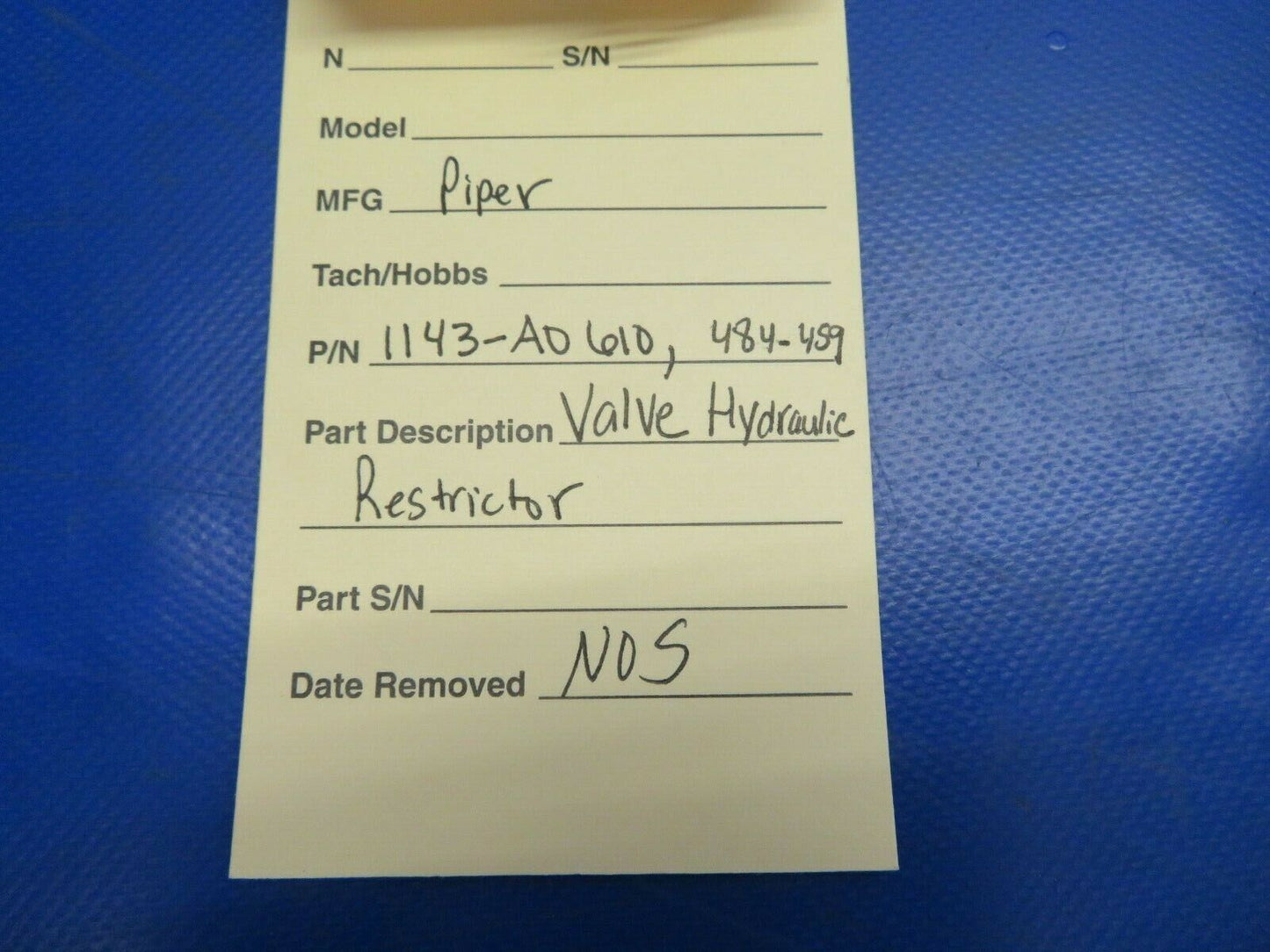Piper Valve Hydraulic Restrictor Landing Gear 1143-A0610 484-459 NOS (0720-446)