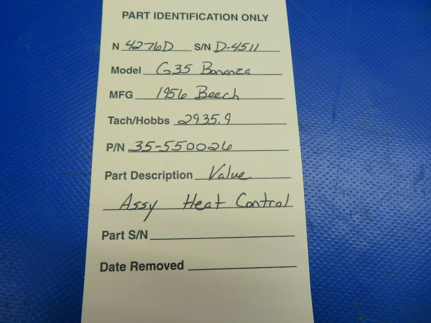 Beech G35 Bonanza Valve Assy Heat Control P/N 35-550026 (0620-398)