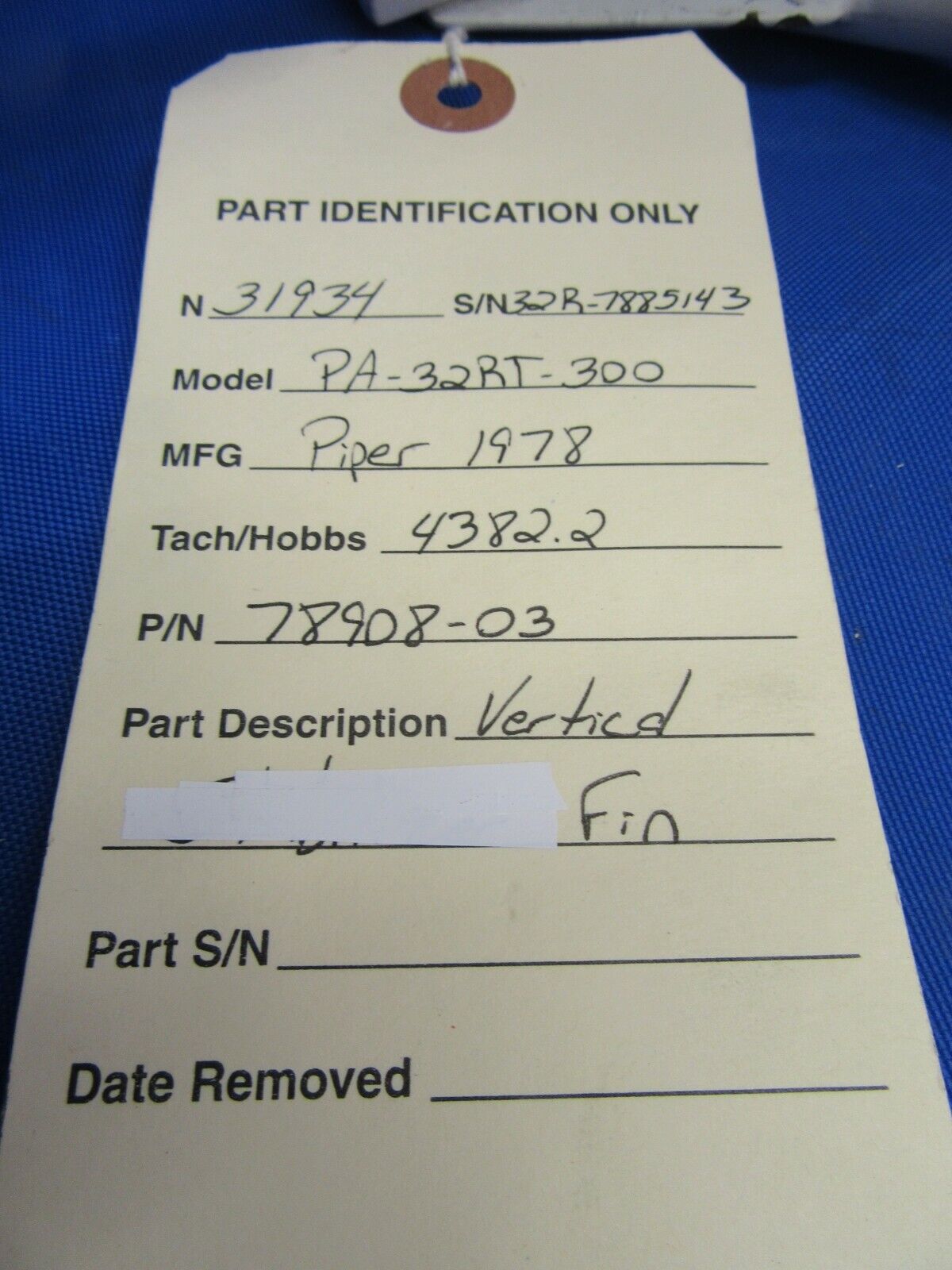 Piper PA-32RT-300 Vertical Stabilizer Assembly 78908-03, 78908-003 (0820-218)