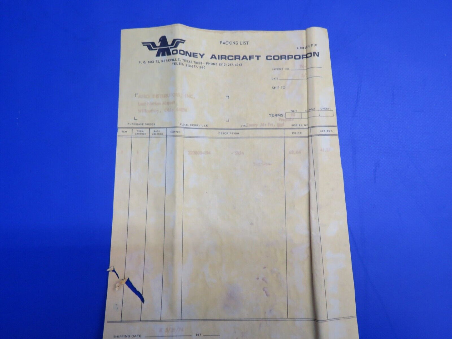 Mooney RH Wing Skin P/N 220000-194 NOS (1022-669)