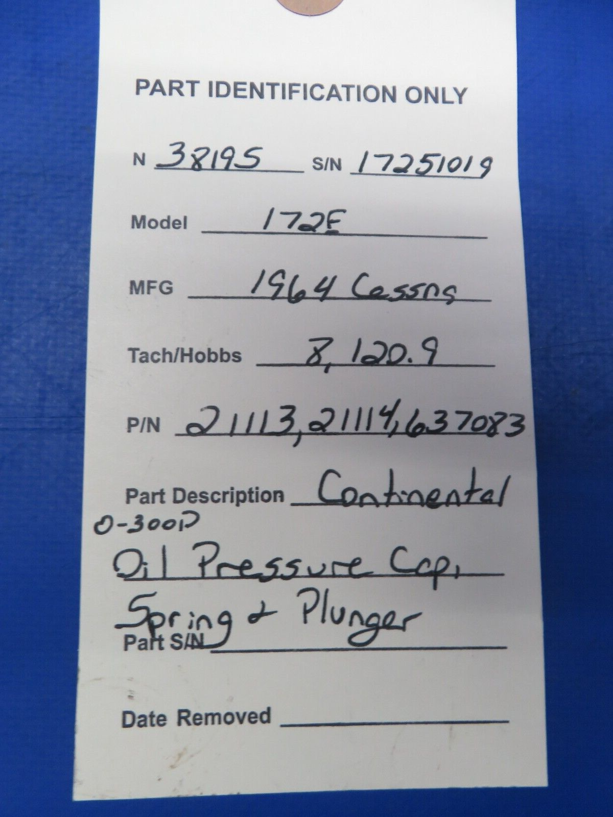 Continental O-300 Oil Pressure Cap, Spring & Plunger P/N 21113 (0823-534)