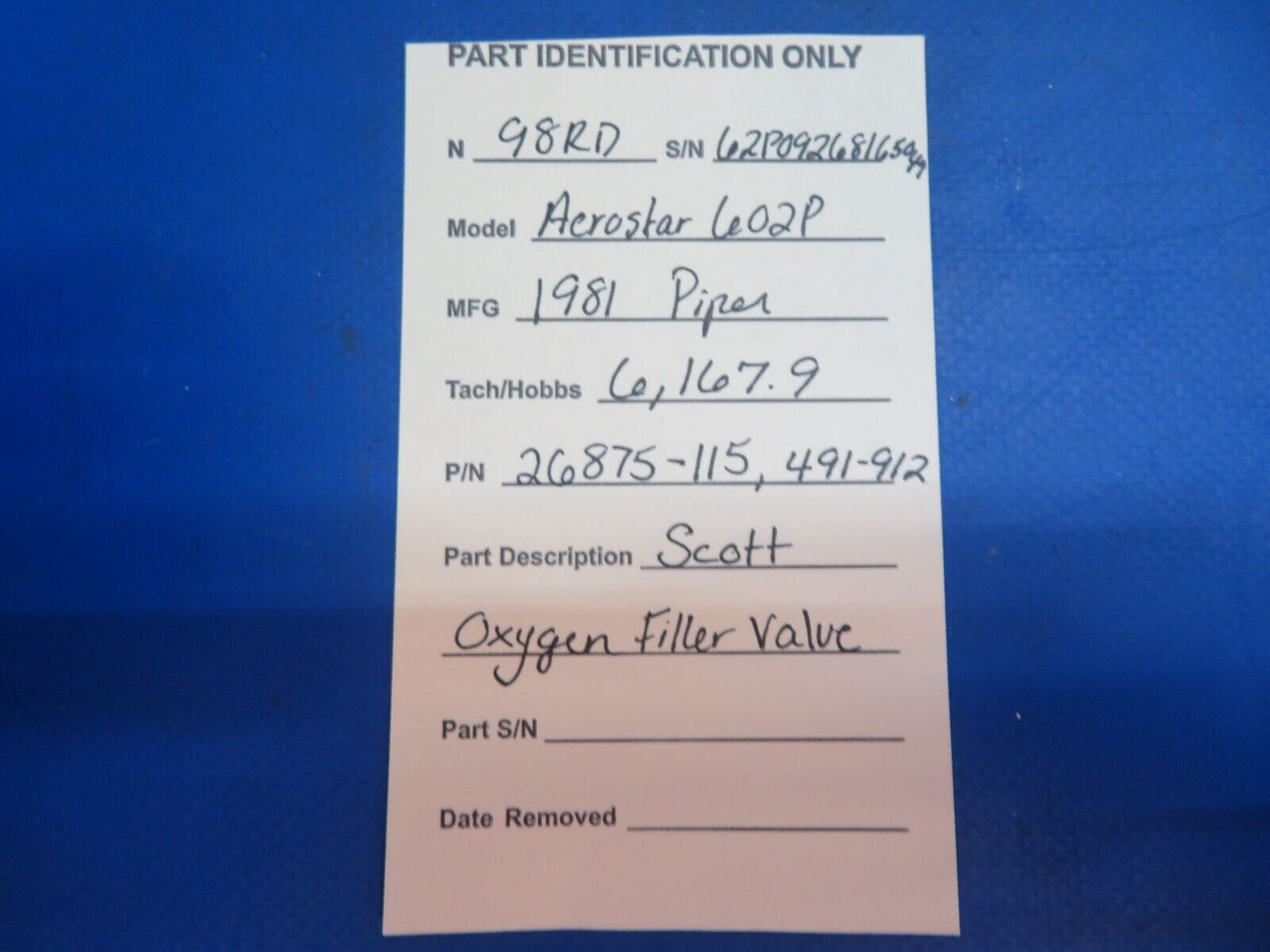 Piper Aerostar 602P Scott Oxygen Filler Valve P/N 26875-115, 491-912 (0123-656)