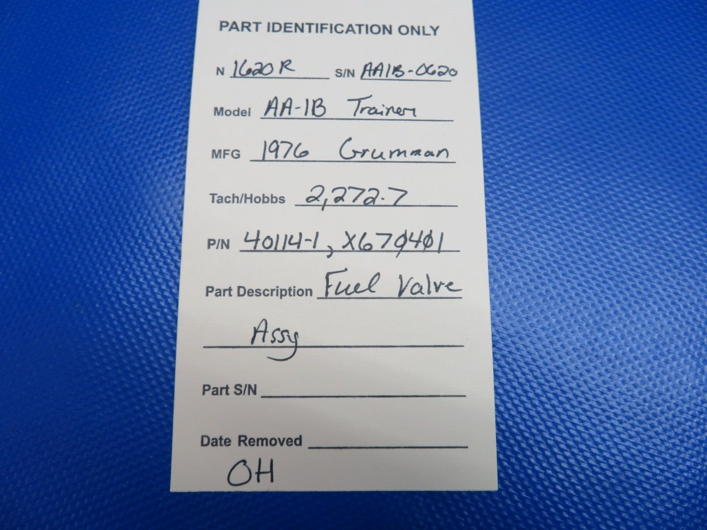 Grumman Yankee Trainer / TR-2 AA-1B Fuel Valve Assy P/N 40114-1 OH (0224-1447)