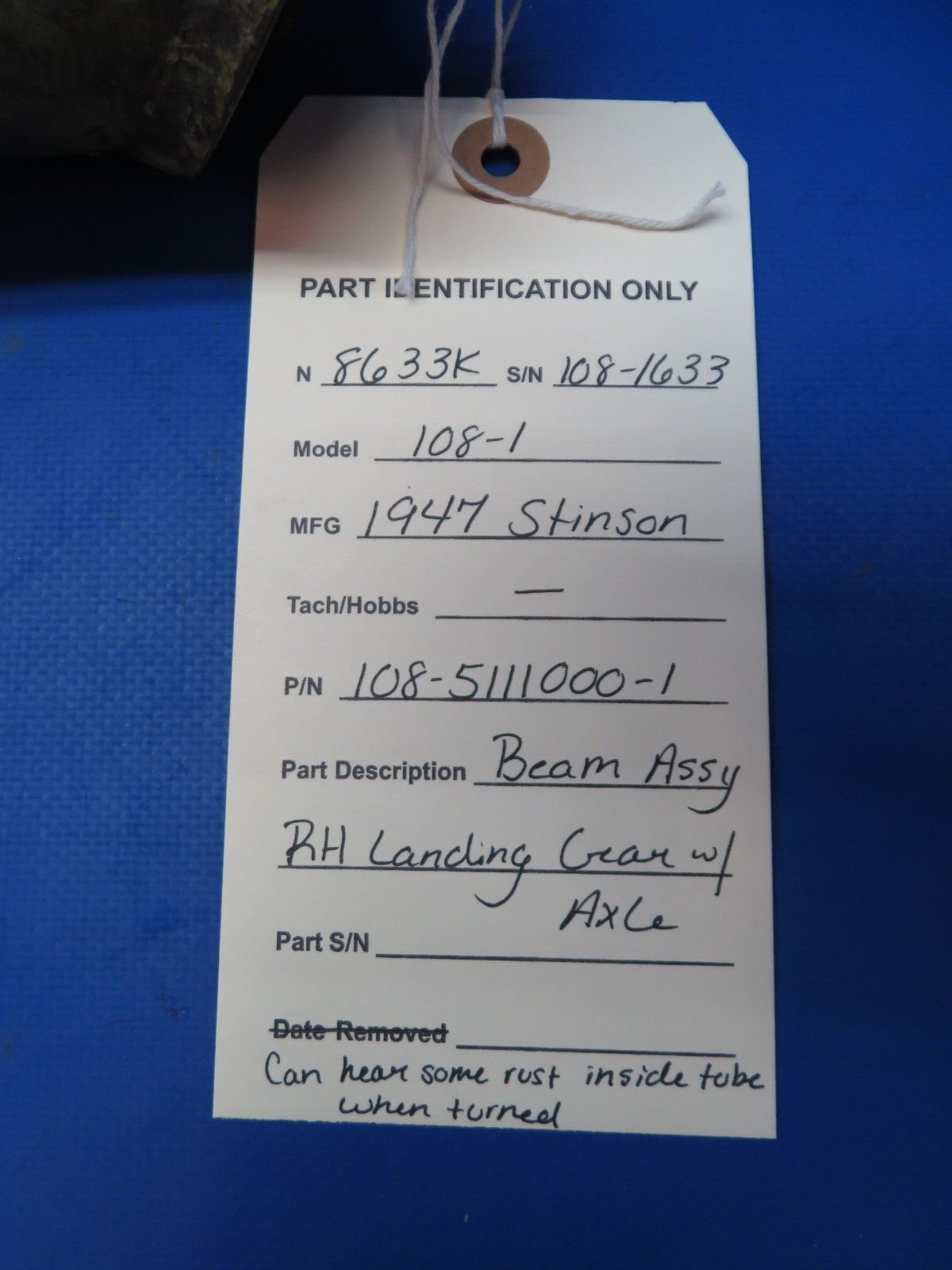 Stinson 108-1 RH Beam Assy Landing Gear w/ Axle P/N 1085111000-1 (0723-376)