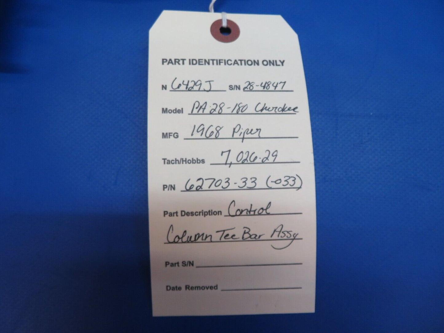 Piper PA-28-180 Cherokee Control Column Tee Bar Assy P/N 62703-33 (0323-729)