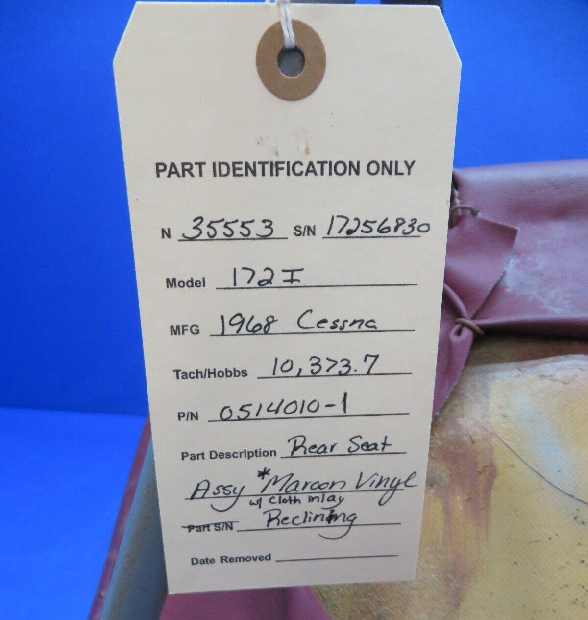Cessna 172 / 172I Rear Seat Assy Maroon Vinyl Reclining P/N 0514010-1 (0923-608)