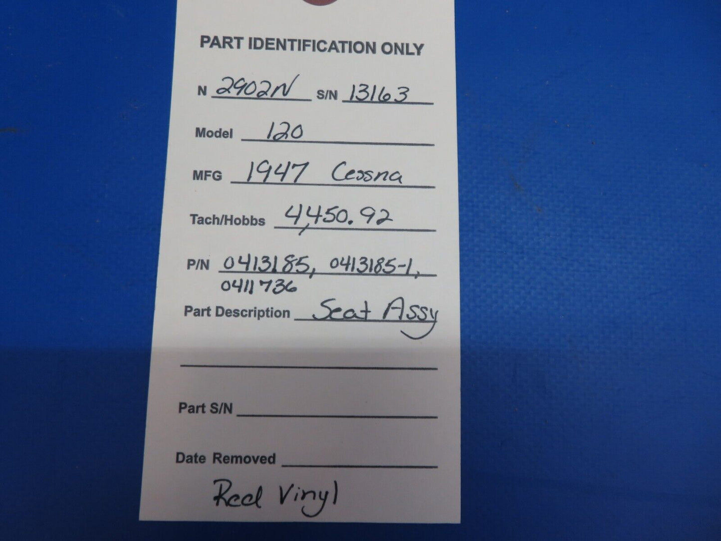 Cessna 120 Seat Assy Red Vinyl P/N 0413185, 0413185-1, 0411736 (0423-40)