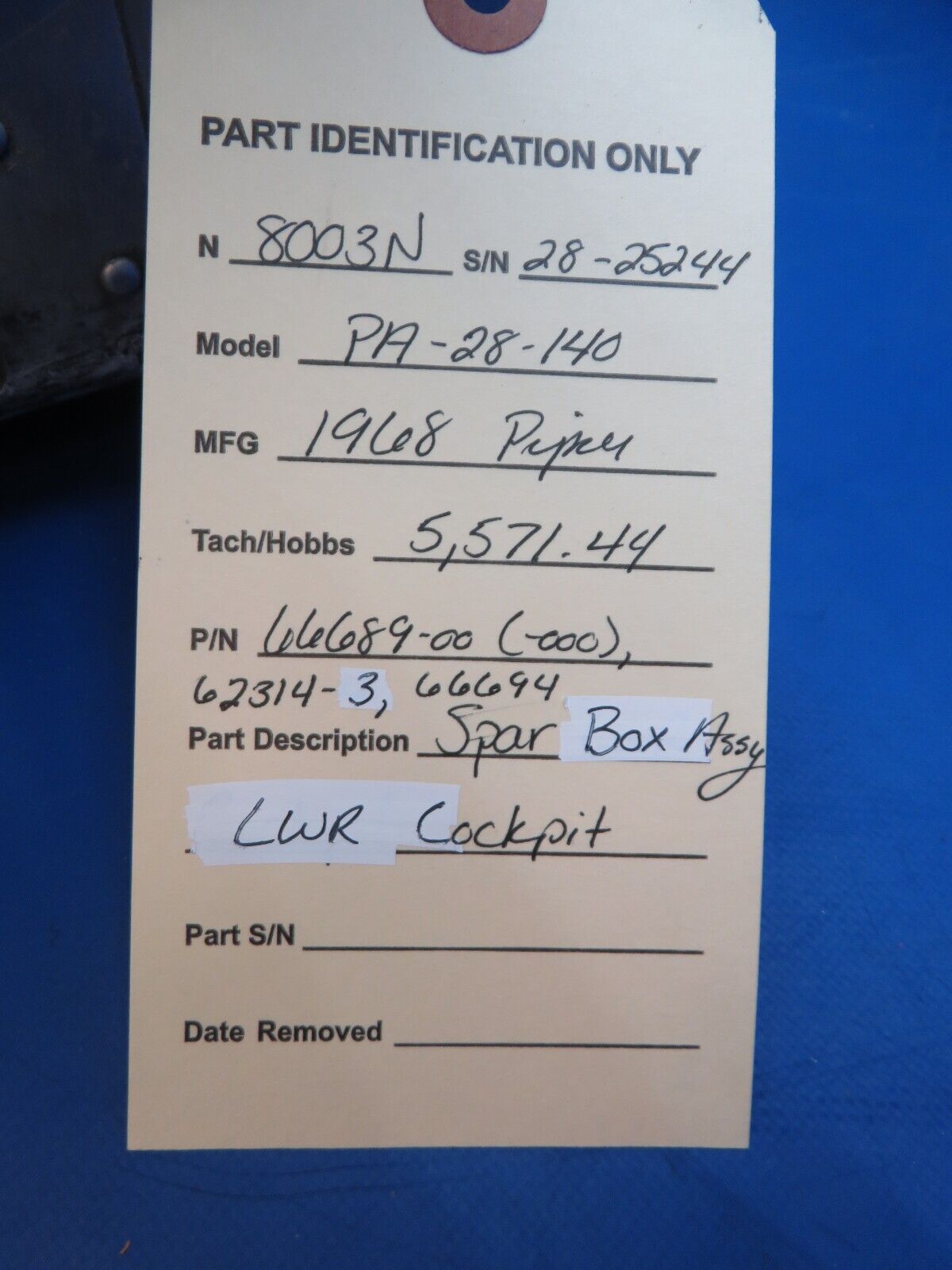 Piper PA-28-140 Spar Box Assy LWR Cockpit P/N 66689-00 (1123-125)