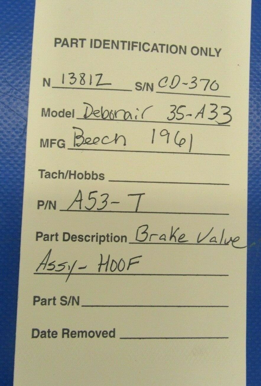 Beech Debonair 35-A33 Hoof Brake Valve Assy P/N A53-T (0119-307)