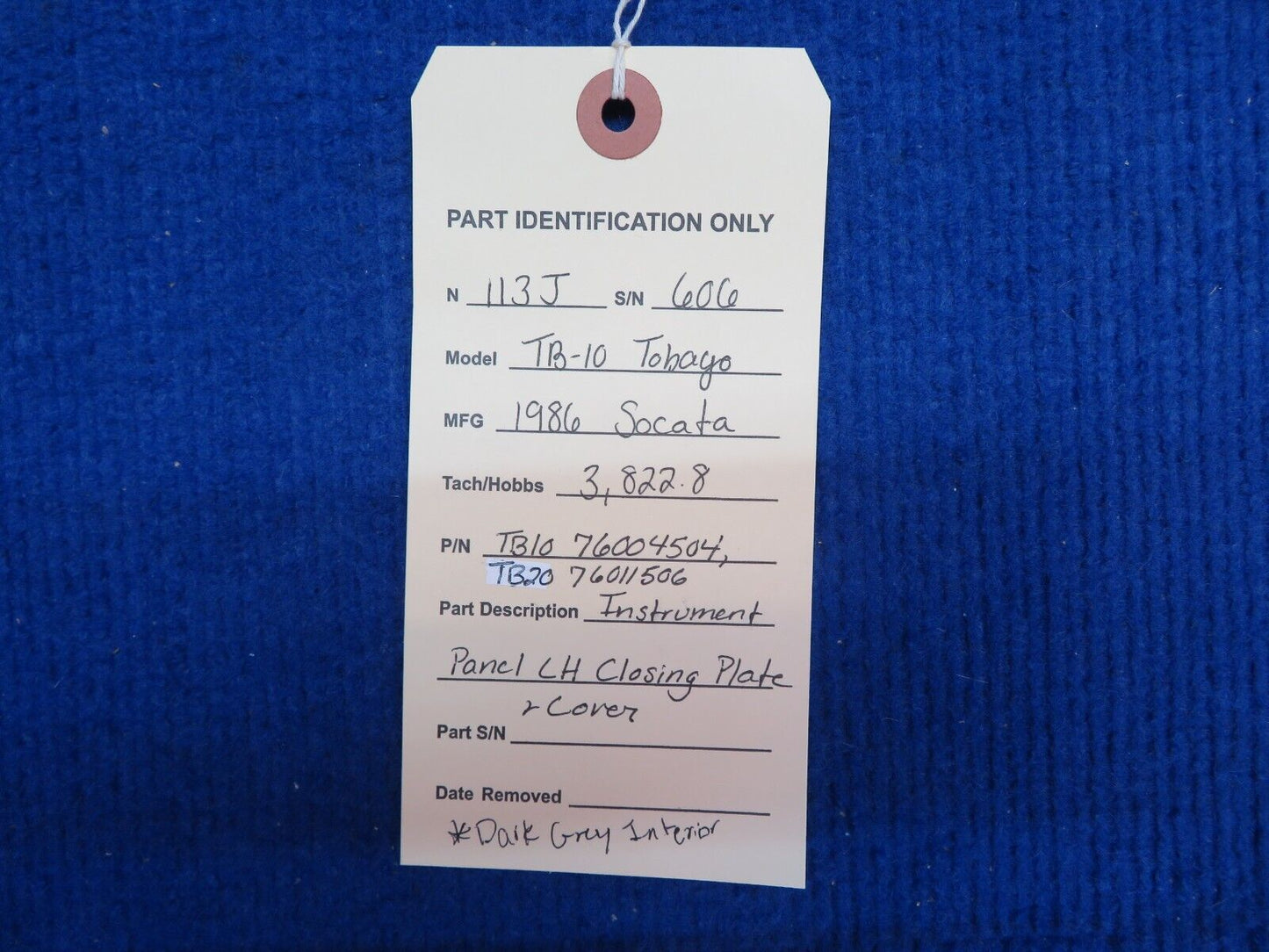 Socata TB-10 Instrument Panel LH Closing Plate & Cover P/N 76004504 (0622-961)