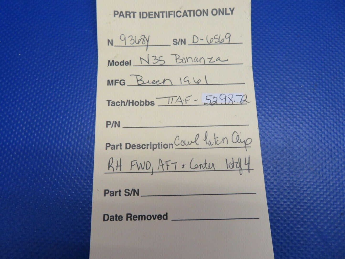 Beech N35 Bonanza Cowl Latch Clip RH FWD, AFT Center LOT OF 4 (0121-312)