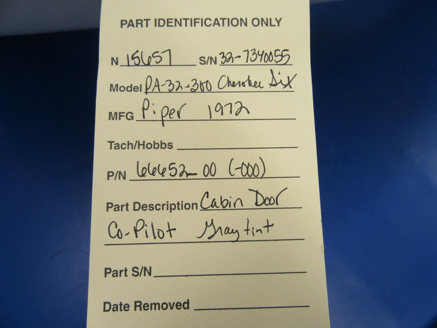 Piper Cherokee Six Cabin Door Co-Pilot Grey Tint P/N 66652-00 (0819-122)