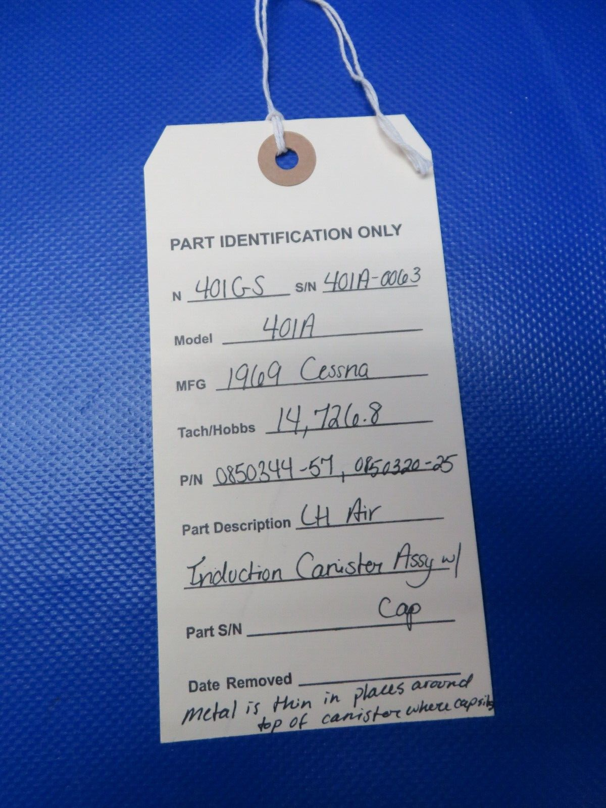 Cessna 401 / 401A LH Air Induction Canister Assy w/ Cap PN 0850344-57 (0124-119)