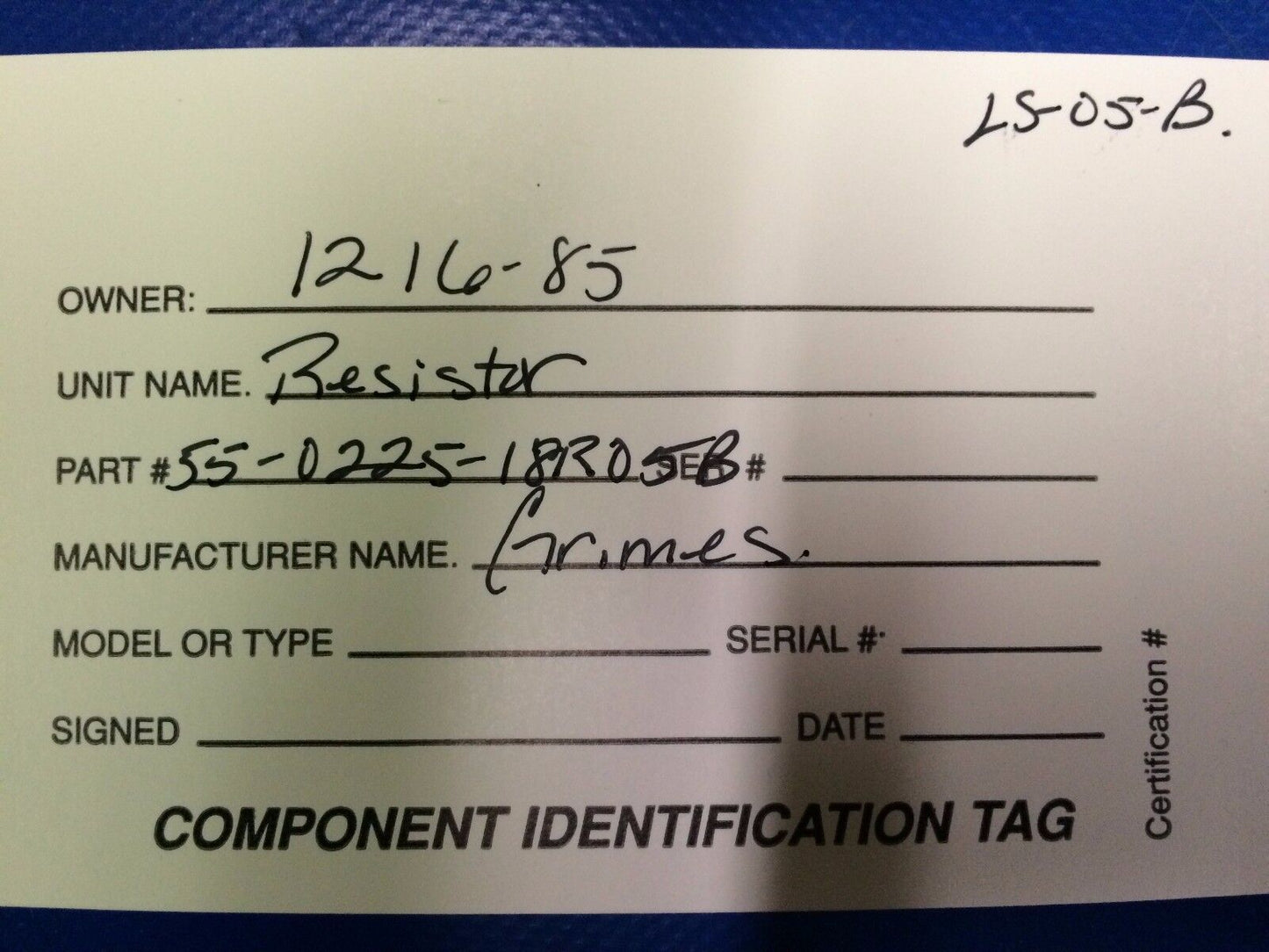 Grimes Resistor P/N 55-0225-18R05B NOS 1216-85)