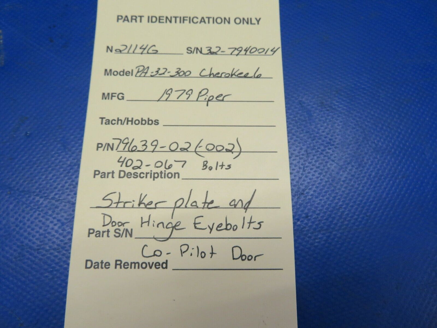 Piper Striker Plate & Door Hinge Eye Bolts Co-Pilot Door P/N 79639-02 (0720-371)