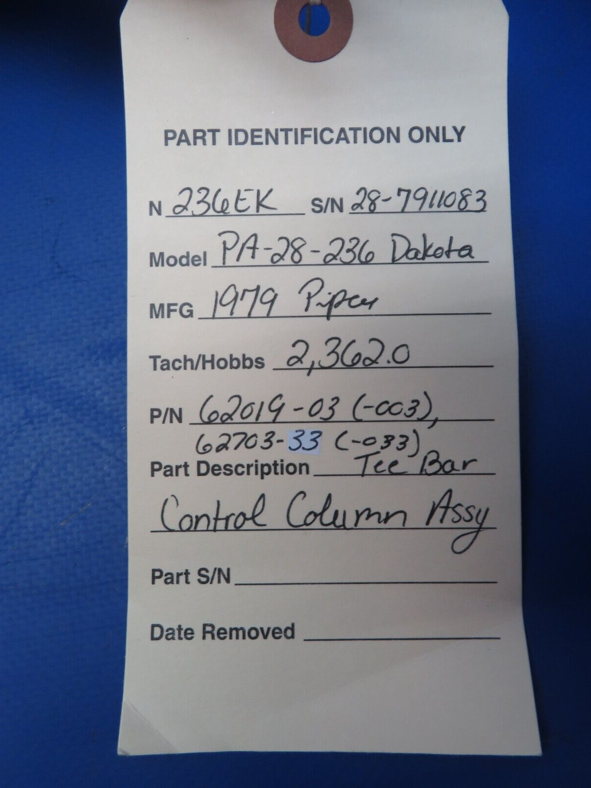 Piper PA-23-236 Dakota Tee Bar Control Column Assy P/N 62019-03 (0623-669)